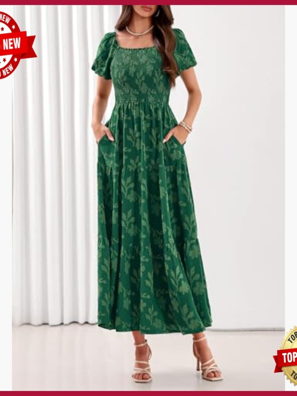 Summer Maxi Dress Floral Square Neck Smocked Bodice Pockets Boho - Picture 6 of 7